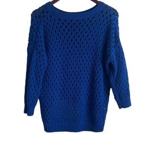 Club Monaco Sweater Women‎ Blue Crew Neck Long Sleeve Crochet Knit Pullover